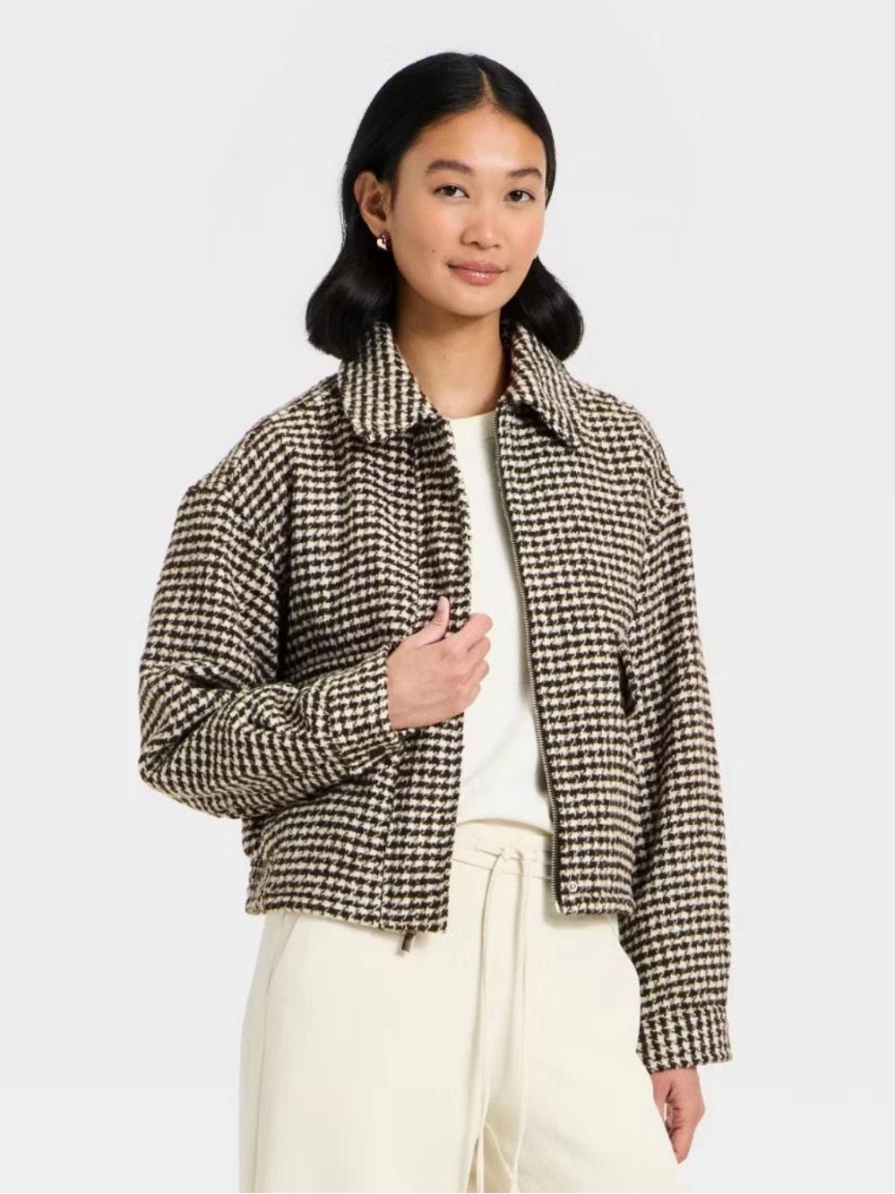 Women's Textured Houndstooth Jacket - A New Day Brown M